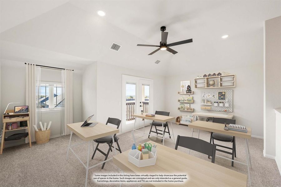 Flex room with vaulted ceiling, ceiling fan, multiple work desks, and wall shelving on carpet flooring Flex room with vaulted ceiling, ceiling fan, multiple work desks, and wall shelving on carpet flooring