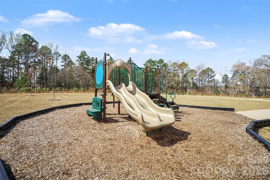 Community playground featuring a multi-slide play structure, surrounded by open green space.