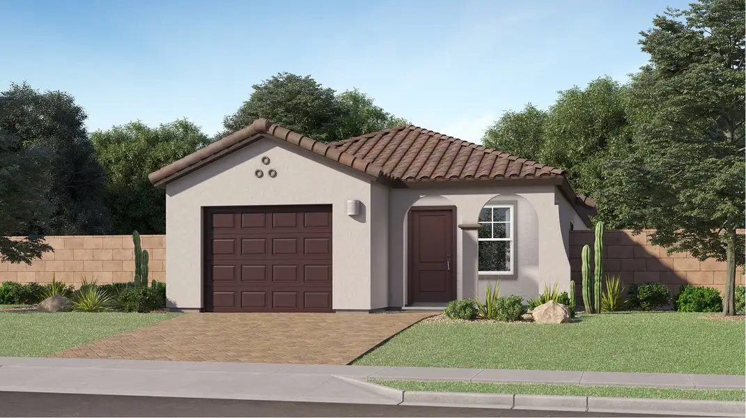 Front exterior of a new home in Western Garden, Phoenix, AZ, highlighting curb appeal (Image 1). Front exterior of a new home in Western Garden, Phoenix, AZ, highlighting curb appeal (Image 1).