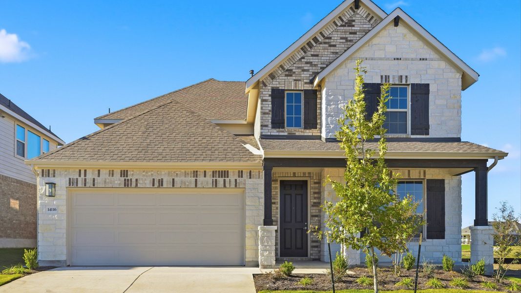 Representative exterior photo of a completed home built from the Elm by DRB Homes in Briarwood, Elgin, TX (Image 25). Representative exterior photo of a completed home built from the Elm by DRB Homes in Briarwood, Elgin, TX (Image 25).