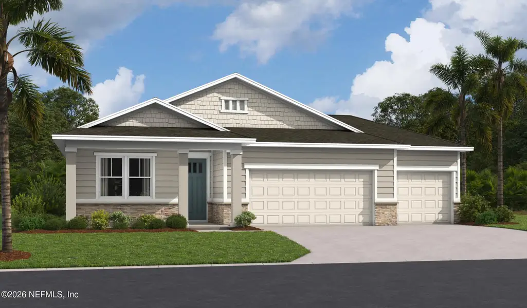 Front exterior of a new home in Woodland Reserve, Jacksonville, FL, highlighting curb appeal (Image 1). Front exterior of a new home in Woodland Reserve, Jacksonville, FL, highlighting curb appeal (Image 1).