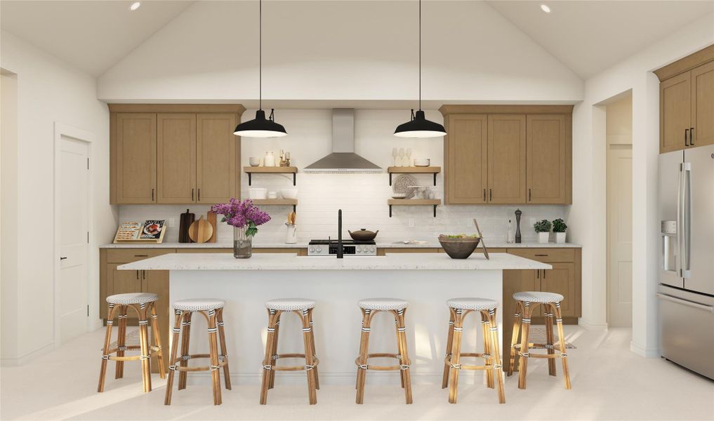 Gourmet island kitchen with light stain cabinets and quartz counters (*Photo not of actual home and used for illustration purposes only.)