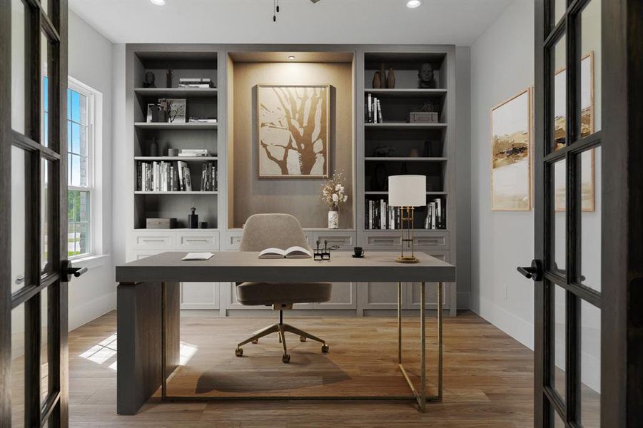 Virtual staging Office space, with french doors, light wood-type vinyl flooring, and recessed lighting