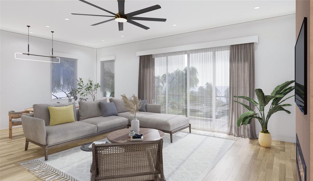 This is an inspirational virtual rendering of the living room and dining room- finishes are subject to change without notice. The fireplace with accent wall is an upgrade. This is an inspirational virtual rendering of the living room and dining room- finishes are subject to change without notice. The fireplace with accent wall is an upgrade.