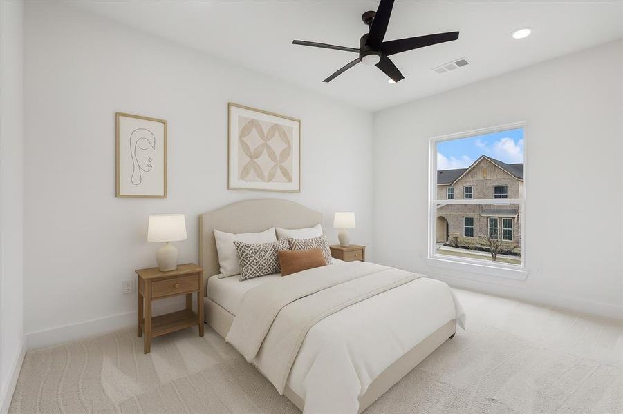 Bedroom featuring carpet, recessed lighting, and a ceiling fan