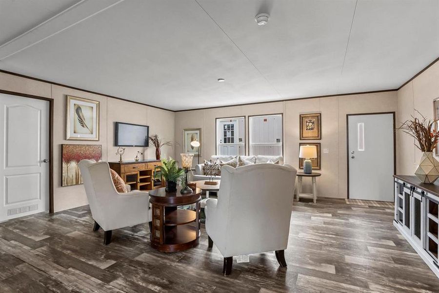 Living area featuring dark wood finished floors