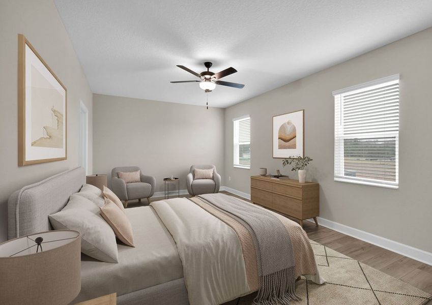 Rest and relaxation await in the master bedroom