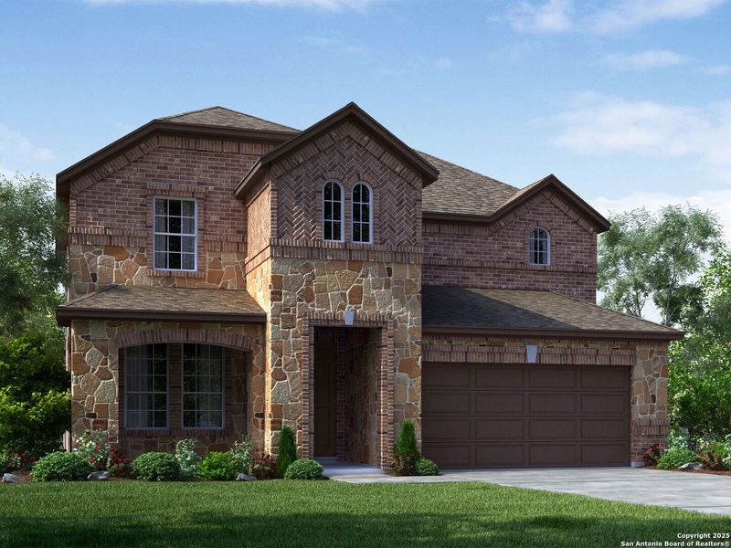 Front exterior of a new home in Carmel Ranch, Schertz, TX, highlighting curb appeal (Image 1). Front exterior of a new home in Carmel Ranch, Schertz, TX, highlighting curb appeal (Image 1).
