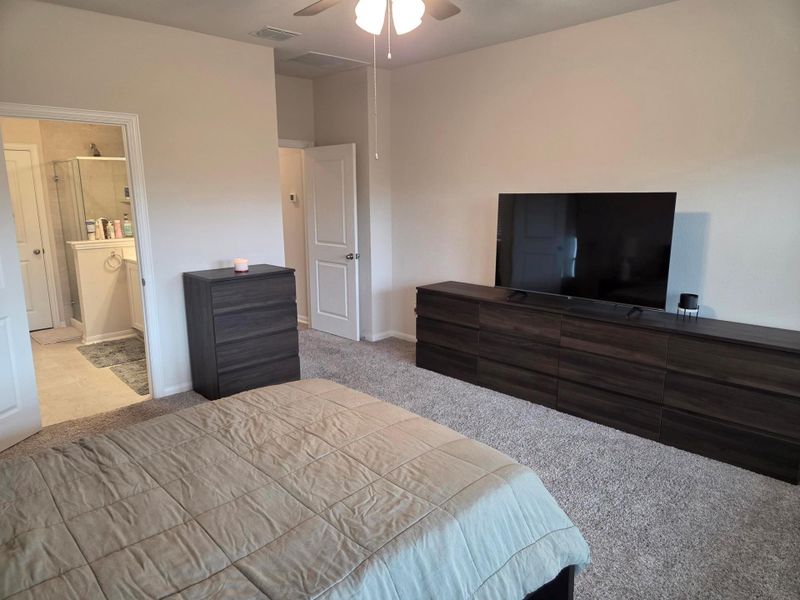 Carpeted bedroom with a ceiling fan light fixture and direct access to an en-suite bathroom featuring a white vanity with a single sink and a glass-enclosed shower