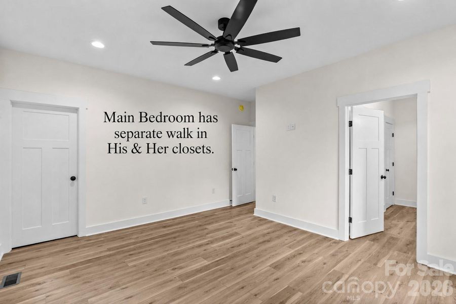 Main Bedroom has separate His & her closets.