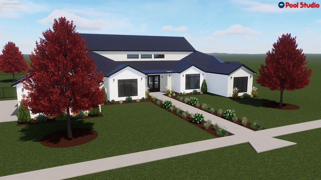Modern inspired farmhouse featuring a front lawn and a metal roof