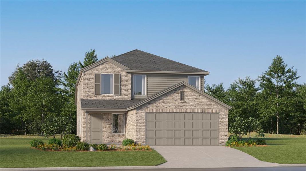 Two-story residence featuring a combination brick and siding facade, a front-facing garage, and a covered entry Two-story residence featuring a combination brick and siding facade, a front-facing garage, and a covered entry