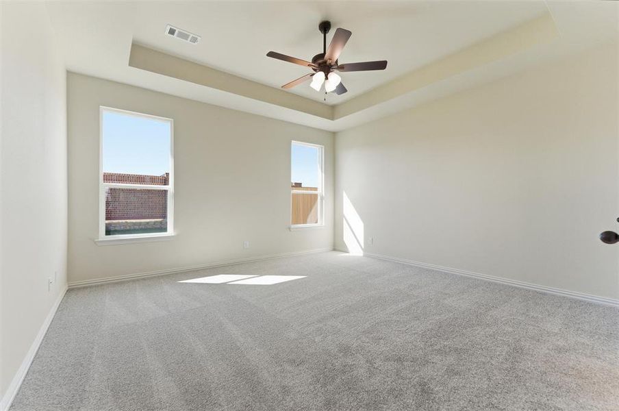 Empty room with a tray ceiling, light colored carpet, healthy amount of natural light, and a ceiling fan