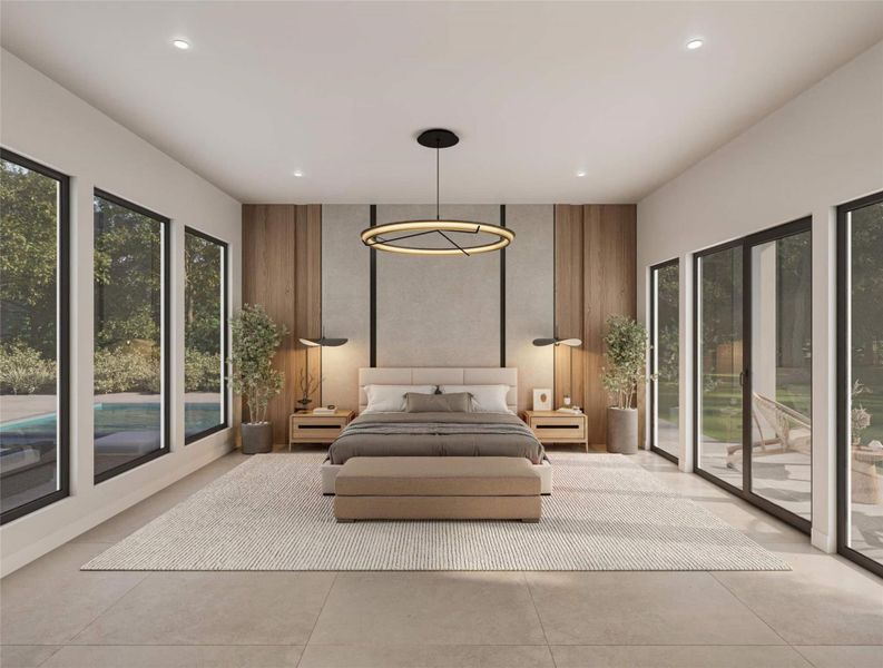 Bedroom featuring access to outside, recessed lighting, and light tile patterned floors Bedroom featuring access to outside, recessed lighting, and light tile patterned floors