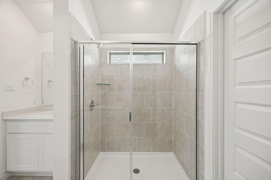 Bathroom featuring a shower stall and vanity
