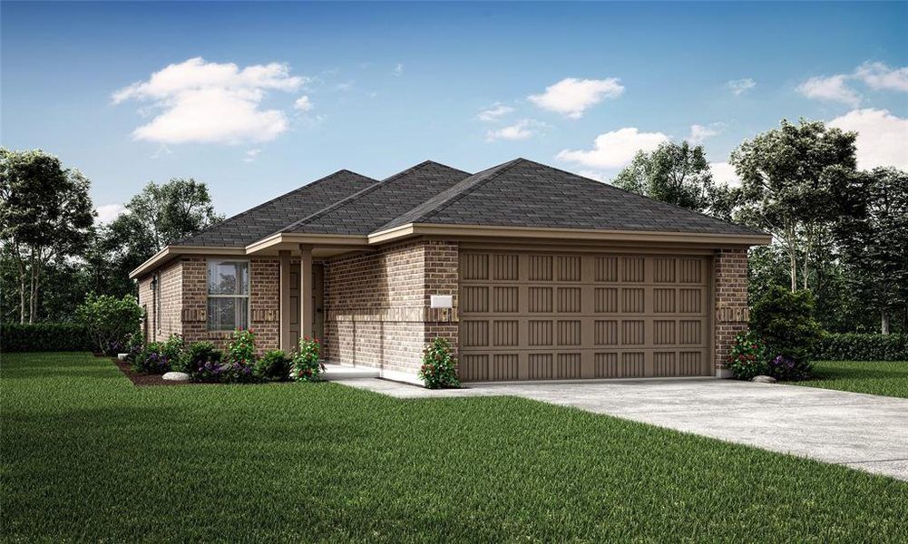 View of front of home with a garage and a front yard