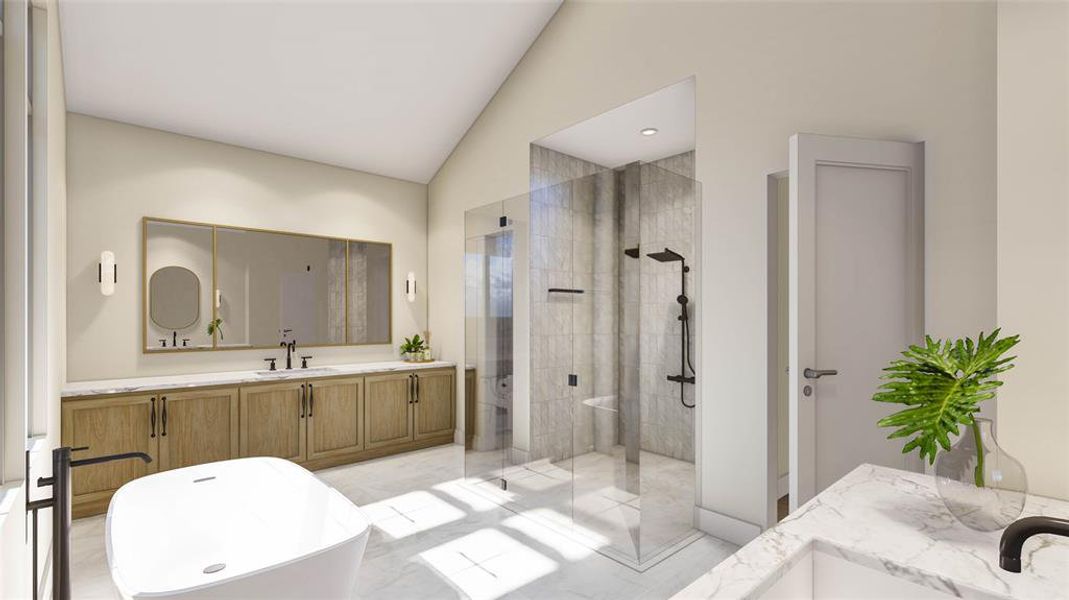 The primary bathroom includes separate his and her vanities, stain-grade millwork, designer tile, quartzite countertops, a curbless shower, a freestanding tub, designer lighting, an oversized walk-in closet with an island, all under stunning 14' sloped ceilings.