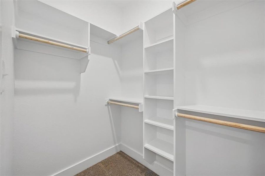 Spacious closet featuring dark colored carpet