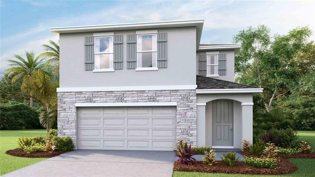 Front exterior of a new home in Angeline, Land O' Lakes, FL, highlighting curb appeal (Image 1). Front exterior of a new home in Angeline, Land O' Lakes, FL, highlighting curb appeal (Image 1).