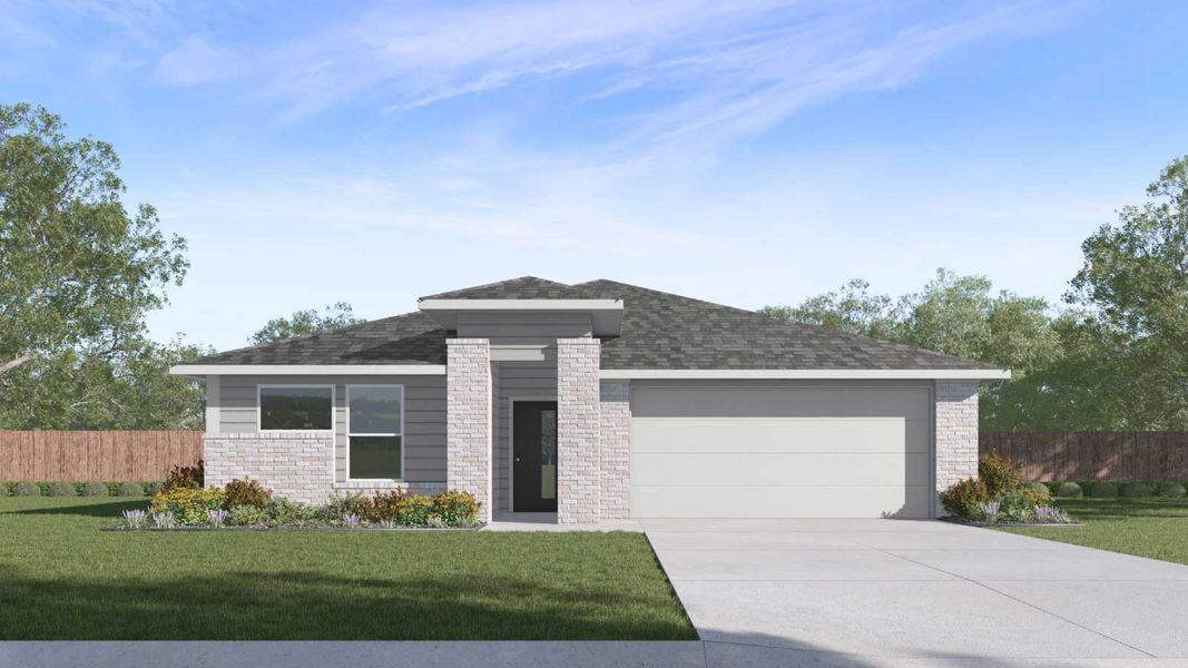 Front exterior of a new home in Southgrove, Kyle, TX, highlighting curb appeal (Image 1).