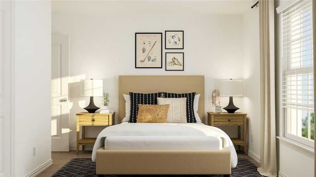 Bedroom featuring multiple windows and carpet floors