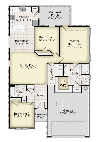 2D floor plan layout for the 1634 by Adams Homes in Summer Place, Grimesland, NC (Image 5).