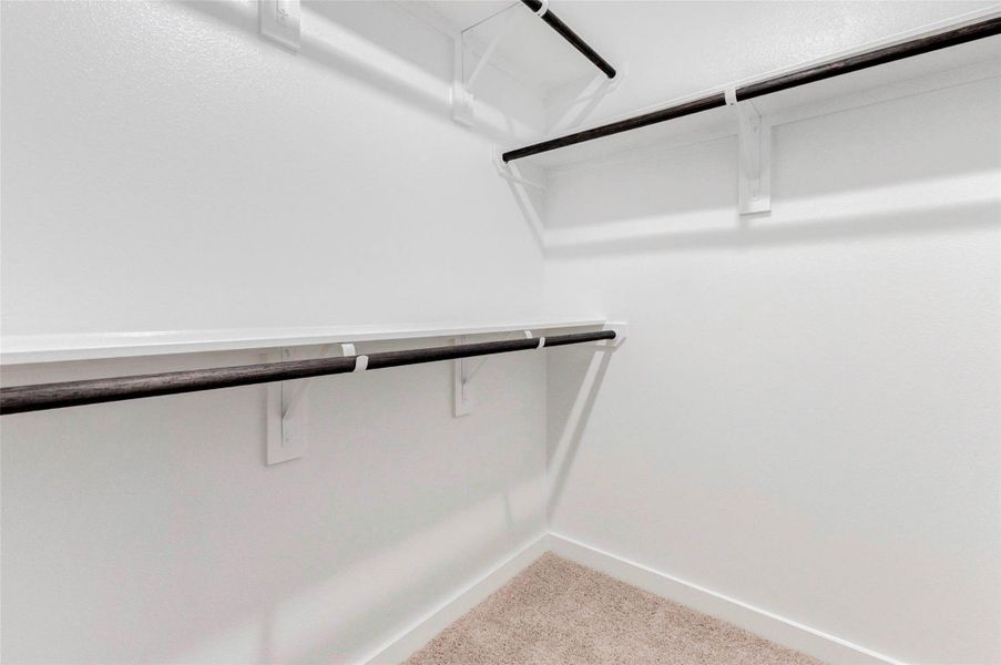 A spacious walk-in closet just off the primary bath includes built-in shelving and dual hanging rods, offering generous storage and easy organization. Whether for daily essentials or seasonal wardrobes, everything has its place here. A spacious walk-in closet just off the primary bath includes built-in shelving and dual hanging rods, offering generous storage and easy organization. Whether for daily essentials or seasonal wardrobes, everything has its place here.