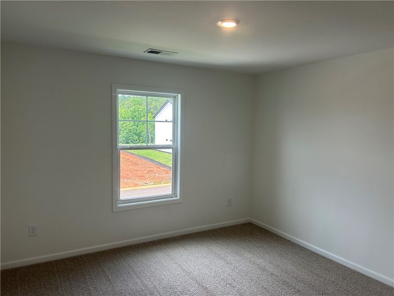 A window frames verdant outdoor scenery in this ca