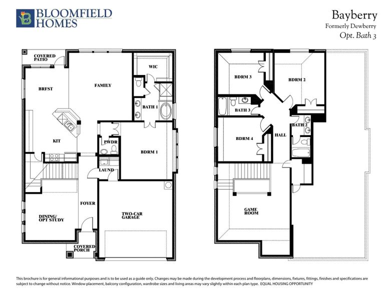 Bloomfield Homes Bayberry two-story floor plan with four bedrooms, game room, and two-car garage on both floors.