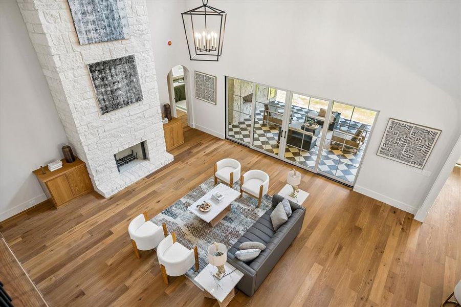 Living room bird's eye, open to kitchen, patio access Living room bird's eye, open to kitchen, patio access