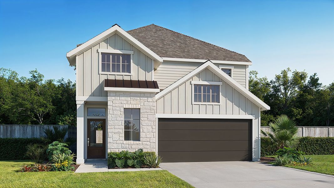 Representative exterior photo of a completed home built from the 2408E by Perry Homes in Easton Park 40', Austin, TX (Image 1).