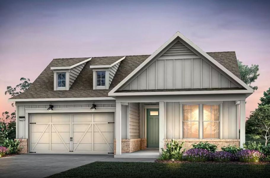 Front exterior of a new home in Del Webb Chateau Elan, Hoschton, GA, highlighting curb appeal (Image 1). Front exterior of a new home in Del Webb Chateau Elan, Hoschton, GA, highlighting curb appeal (Image 1).