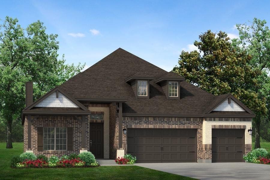 Front exterior of a new home in Timberbrook, Justin, TX, highlighting curb appeal (Image 1). Front exterior of a new home in Timberbrook, Justin, TX, highlighting curb appeal (Image 1).