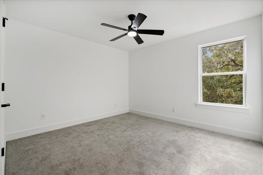 Spare room featuring carpet and ceiling fan