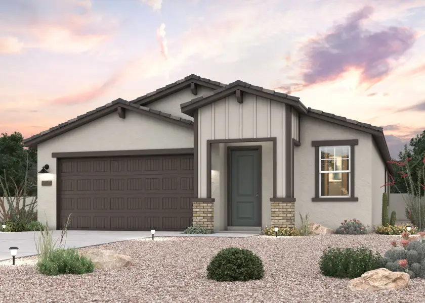 Front exterior of a new home in Montaña Vista, Buckeye, AZ, highlighting curb appeal (Image 1). Front exterior of a new home in Montaña Vista, Buckeye, AZ, highlighting curb appeal (Image 1).