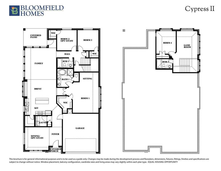 Bloomfield Homes Cypress II two-story floor plan with four bedrooms, three bathrooms, game room, and covered patio Bloomfield Homes Cypress II two-story floor plan with four bedrooms, three bathrooms, game room, and covered patio