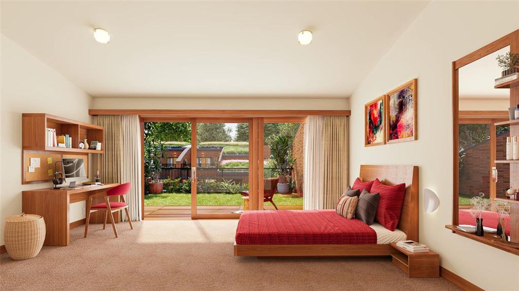 Bedroom featuring a desk, carpet, access to exterior, and lofted ceiling