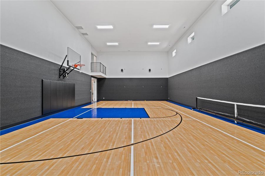 Indoor sport court with basketball, batting cage and pickle ball court.