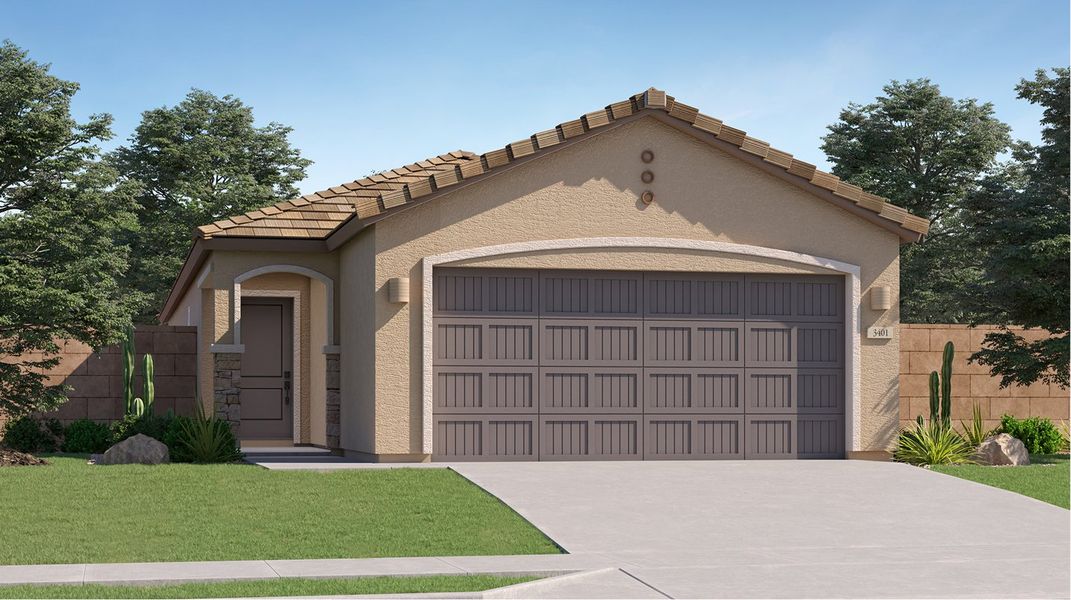Front exterior of a new home in Asante Heritage | Active Adult, Surprise, AZ, highlighting curb appeal (Image 1). Front exterior of a new home in Asante Heritage | Active Adult, Surprise, AZ, highlighting curb appeal (Image 1).