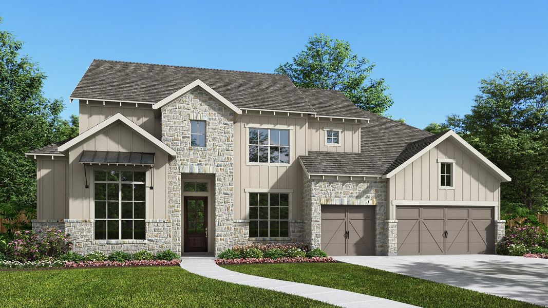 Front exterior of a new home in Fulshear Lakes, Fulshear, TX, highlighting curb appeal (Image 1). Front exterior of a new home in Fulshear Lakes, Fulshear, TX, highlighting curb appeal (Image 1).