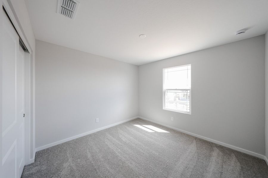 A room with a carpet and windows.