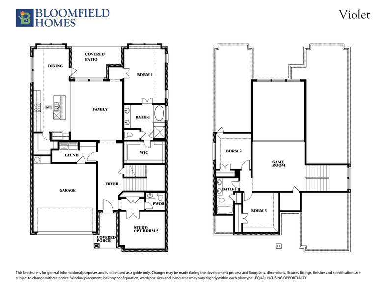 Bloomfield Homes Violet floor plan showing two-story layout with three bedrooms, game room, family room, and two-car garage.
