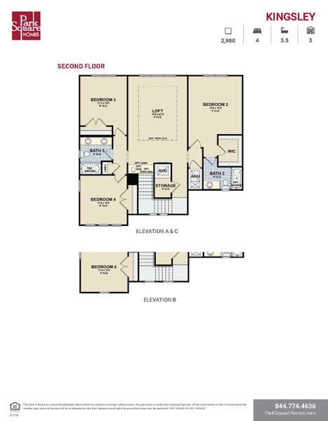 2D floor plan layout for the Kingsley by Park Square Residential in Tamarack at Two Rivers, Zephyrhills, FL (Image 4).
