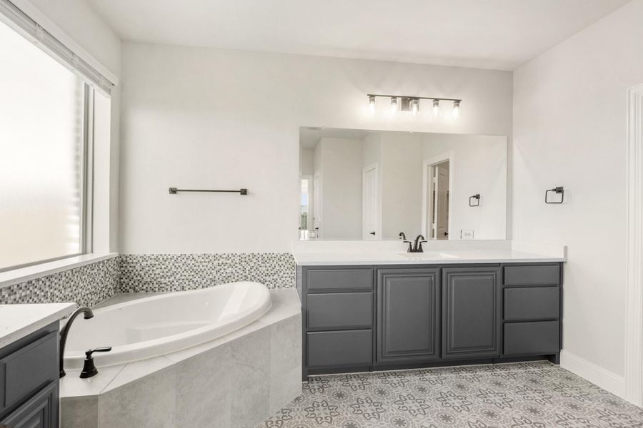 Master bathroom with corner soaking tub, gray vanity cabinets, large mirror, and patterned tile floor Master bathroom with corner soaking tub, gray vanity cabinets, large mirror, and patterned tile floor