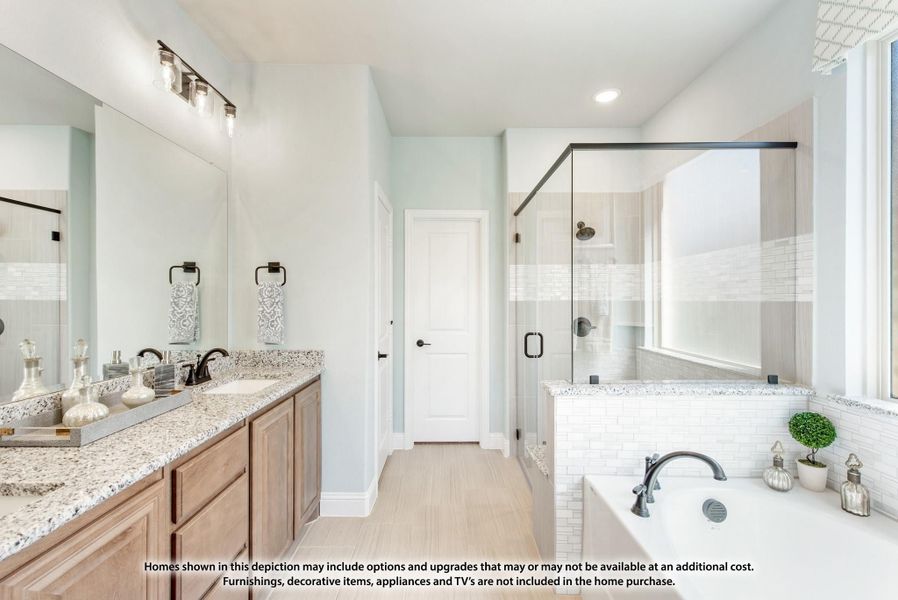 Master bathroom with double vanity, granite countertops, glass walk-in shower, and soaking tub with tile surround Master bathroom with double vanity, granite countertops, glass walk-in shower, and soaking tub with tile surround