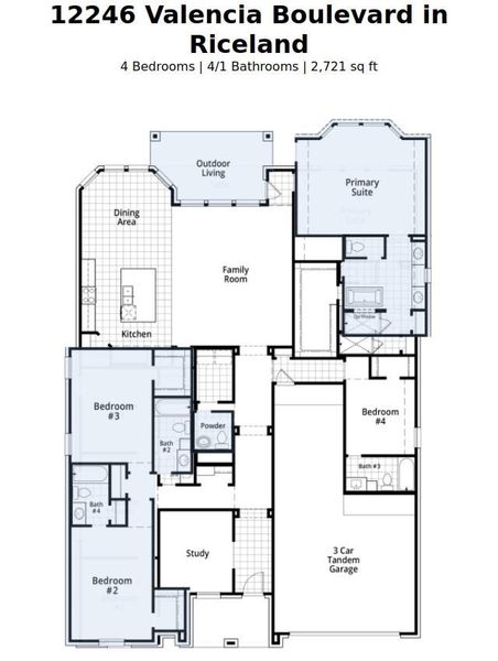 2D floor plan layout of this home in Riceland: 65ft. lots, Mont Belvieu, TX (Image 4).