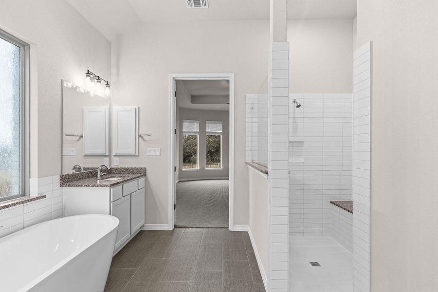 Primary Bath retreat with dual vanities, garden tub & walk-in shower