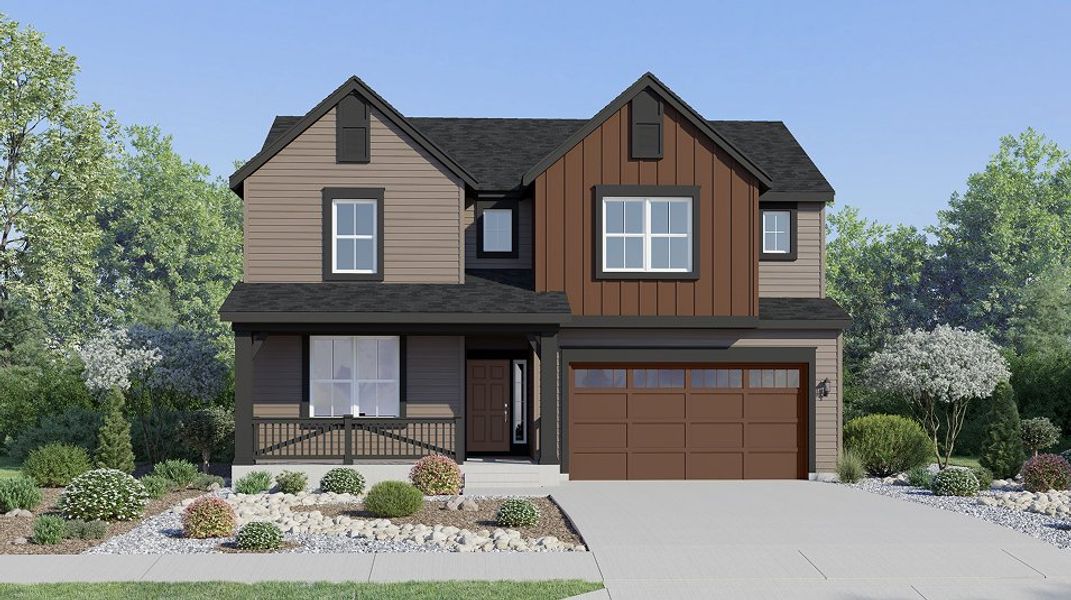 Front exterior of a new home in Timber Lark, Fort Collins, CO, highlighting curb appeal (Image 1). Front exterior of a new home in Timber Lark, Fort Collins, CO, highlighting curb appeal (Image 1).