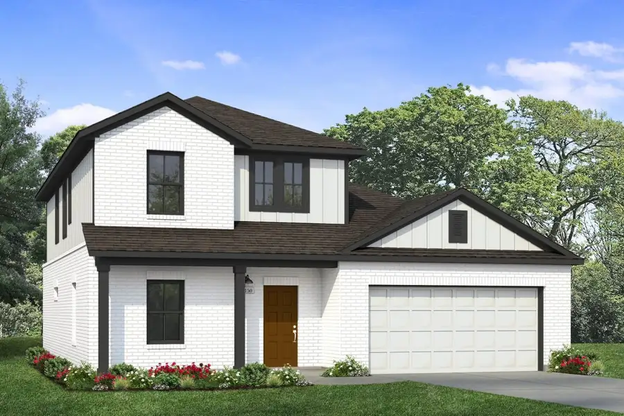 Rendering of two story home with white stucco, siding, garage, and brick, black accents, driveway, and landscaping Rendering of two story home with white stucco, siding, garage, and brick, black accents, driveway, and landscaping