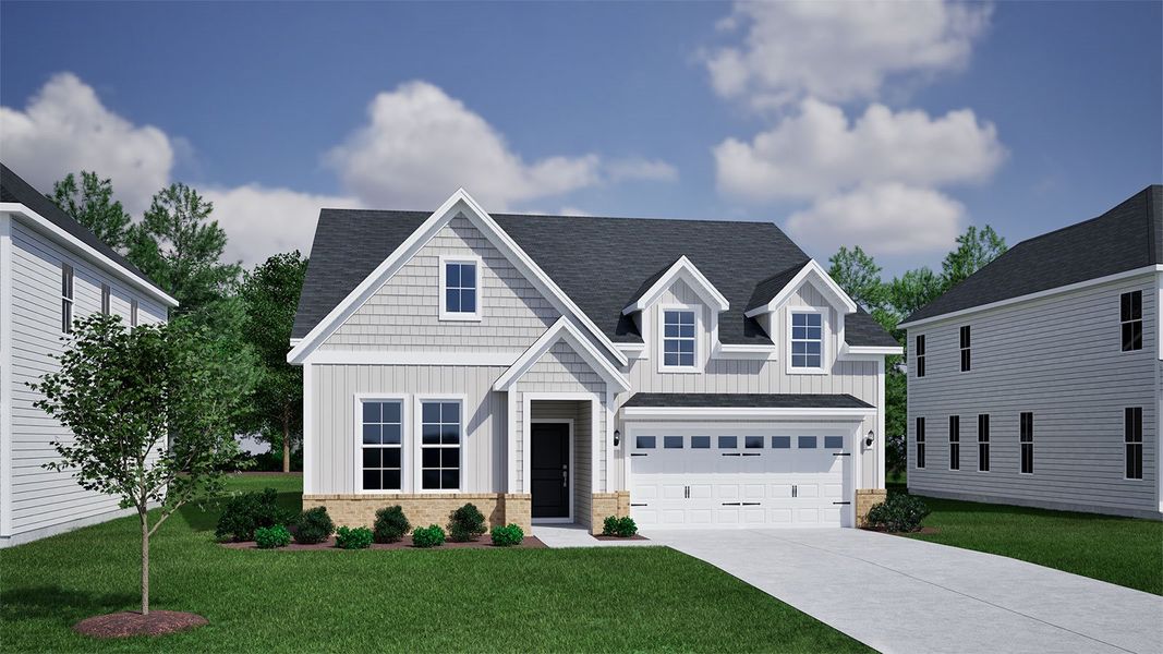 Front exterior of a new home in Ovation at Sweetbrier, Durham, NC, highlighting curb appeal (Image 1). Front exterior of a new home in Ovation at Sweetbrier, Durham, NC, highlighting curb appeal (Image 1).